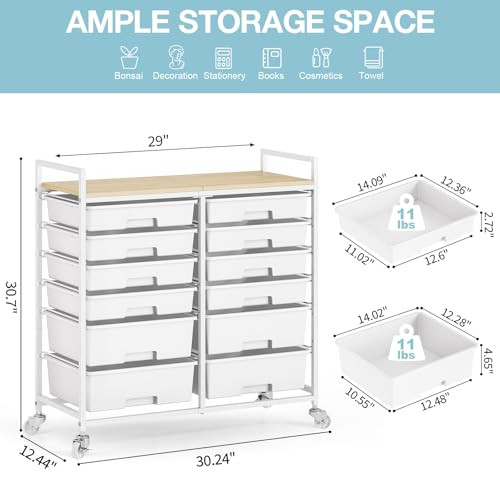 TOOLF 12 Drawers Rolling Storage Cart with Wooden Top for Classroom - White New