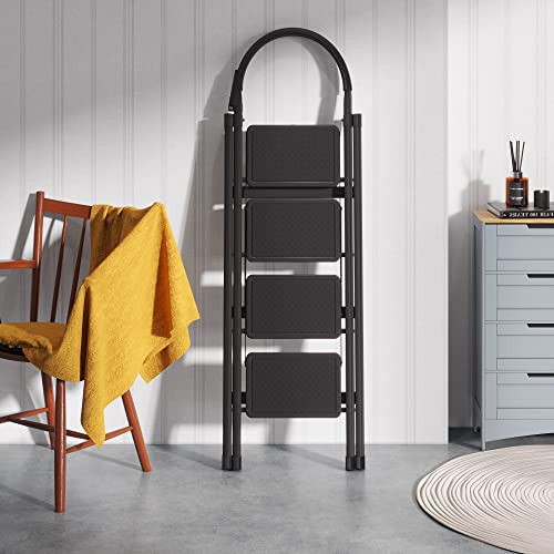JOISCOPE 4 Step Ladder, Folding Step Stool, 250 Lbs Capacity, B0B56WPGYW - Black New