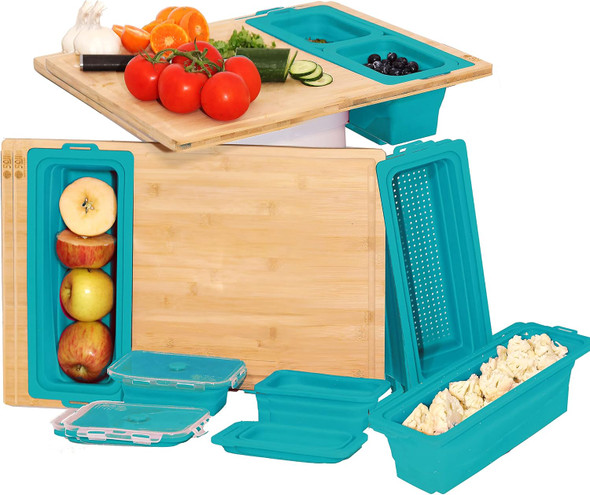 SOJI ZENPREP BAMBOO CUTTING BOARD WITH CONTAINERS, SET OF 9 (15X20IN) - TEAL