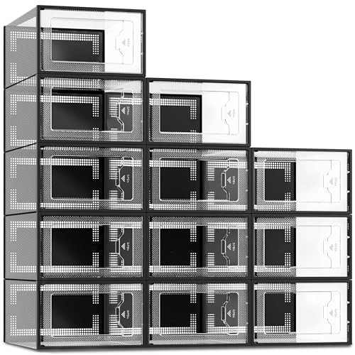 SEE SPRING 12 Pack Shoe Storage Box, Clear Plastic Stackable, B08RJ13R3R - Black New