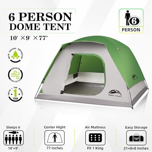 Happy Travel Camping Tent 4/6 Person Dome Tents for Camping Rainfly - Green New