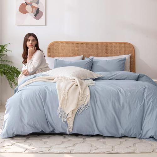 VENTIDORA 3 PIECE DUVET COVER SET CAL KING , 100% WASHED COTTON - LIGHT BLUE