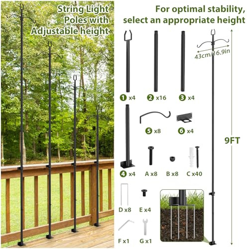 4 Pack String Light Poles, 9FT Light Poles for Outside, Heavy Duty, Black New