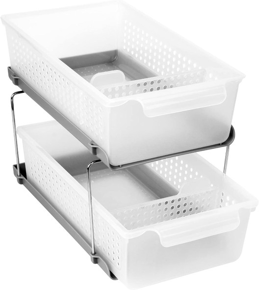 JRING KITCHEN CUPBOARD ORGANISER,2-TIER SLIDING STORAGE BASKET WITH HANDLE,WHITE
