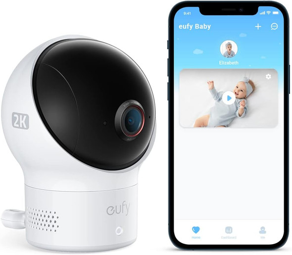 Eufy Security Wi-Fi Baby Monitor Security Camera 2K Pan Tilt T8360 - White