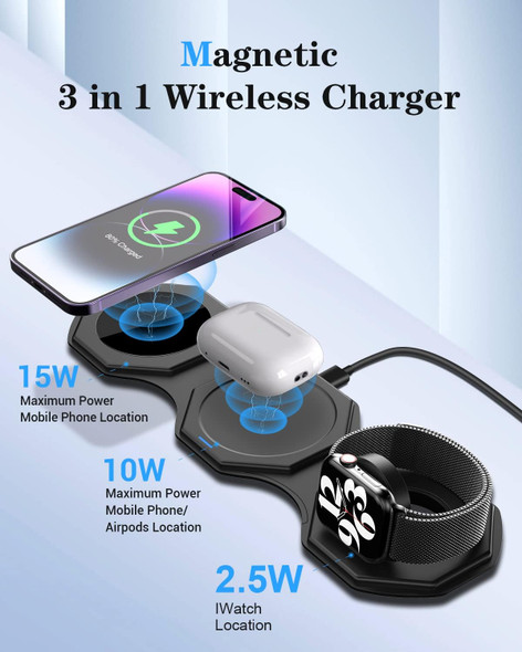 IMPUVERS 3 in 1 Magnetic Foldable Wireless Charging Station - Black