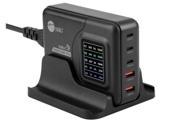 SIIG 200W GaN PD Charger with Charging Display - 3x USB-C + 2x USB-A - USB-C