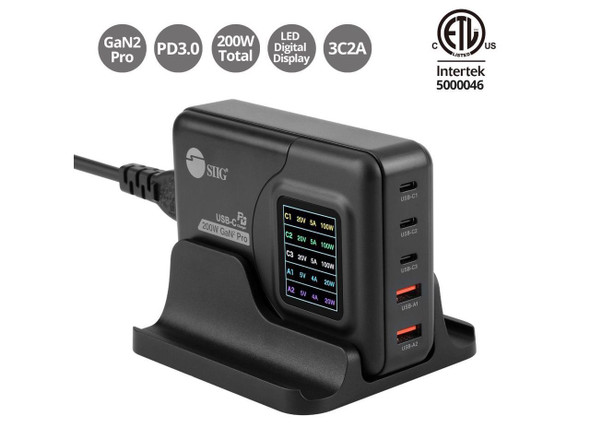 SIIG 200W GaN PD Charger with Charging Display - 3x USB-C + 2x USB-A - USB-C