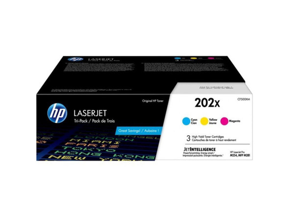 HP 202X CF500XM 3 High Yield Toner Cartridge: Cyan, Magenta & Yellow