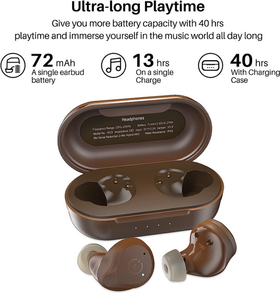 TOZO Hybrid Active Noise Cancelling Wireless Earbuds NC9 - Dark Brown