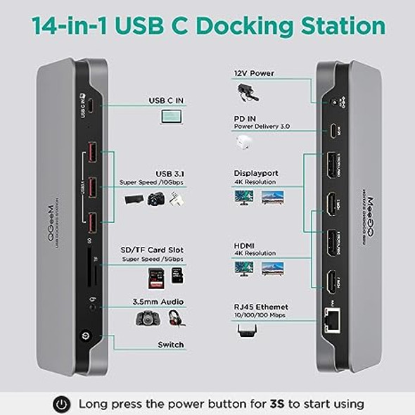 Docking Station QGeeM USB C Laptop Dual Monitor 4K D6908-LX4 - Gray