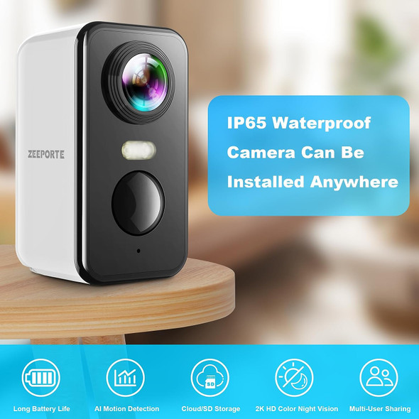 ZEEPORTE Security Camera Outdoor 1080P HD Wireless Rechargeable Battery - White