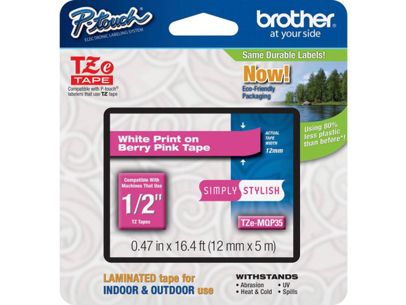 Brother TZEMQP35 12 mm (0.47") White on Berry Pink tape for P-touch 5 m (16.40