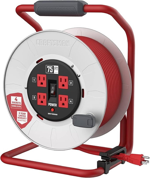 CRAFTSMAN Contractor Edition Retractable Extension Cord Reel 75 Ft - Red