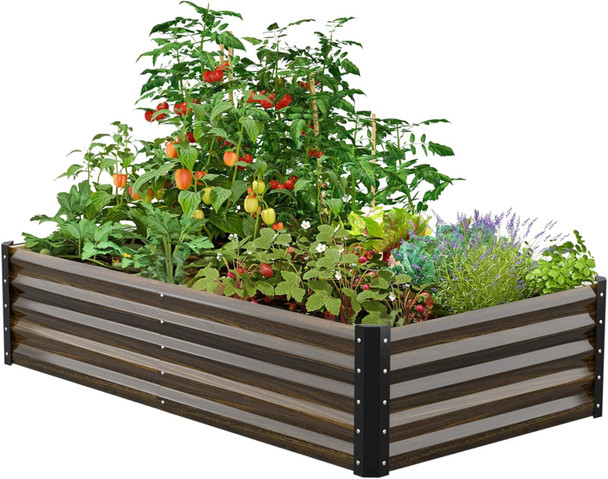 GREENER Galvanized Raised Garden Bed Outdoor - 6x3x1.42 ft - Wood Grain