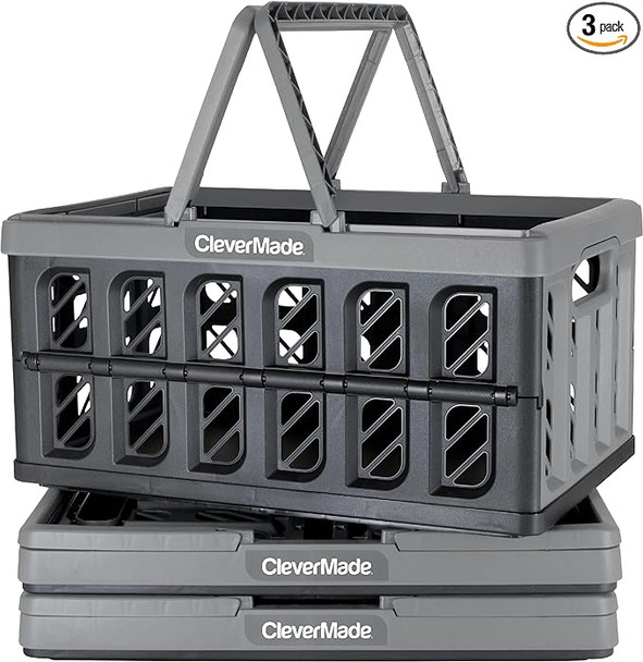 CleverMade Eco 24L Collapsible Reusable Plastic Grocery Shopping Baskets 3 Pack