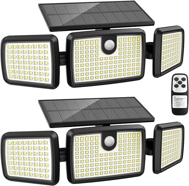 MIHANI 3 Head Solar Motion Lights Outdoor with 2500LM 232 LEDs - 2-Pack - Black