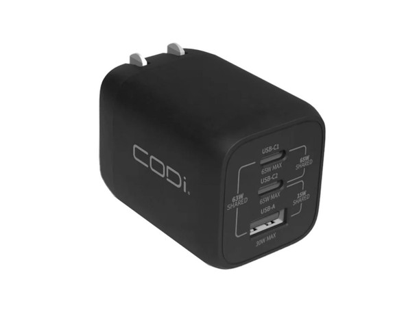 CODi 65W GaN Triple Port Wall Charger with Dual USB-C & USB-A, Power Delivery &