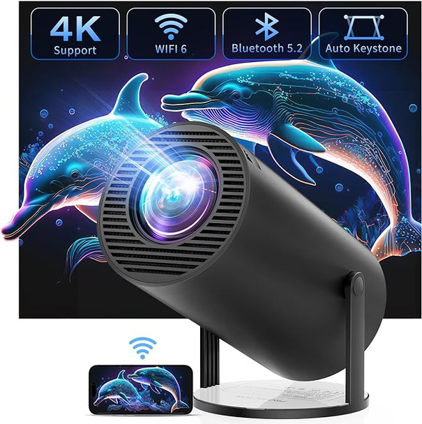 CLOKOWE 4K Mini Projector WiFi Bluetooth, 180° Rotation & Auto Keystone - Black