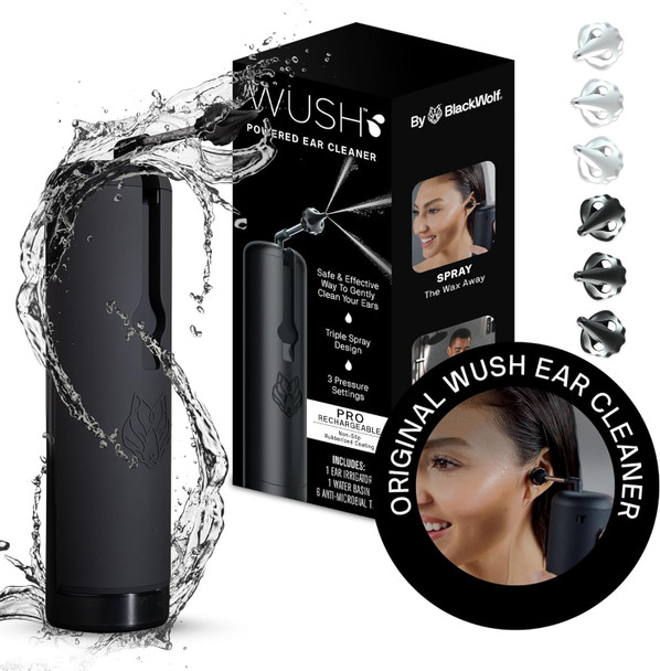 Black Wolf Wush Pro - Water Powered Ear Cleaner - 6 Reusable Tips - Black