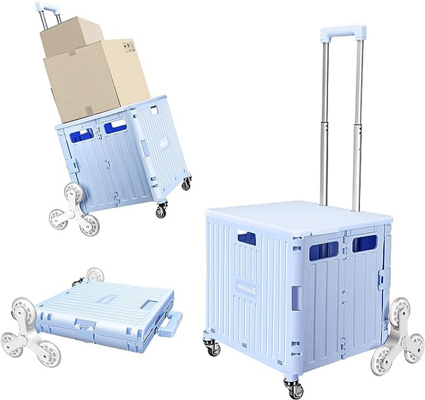 Honshine Foldable Cart Stair Climbing Wheels Crate Telescoping Handle - Blue