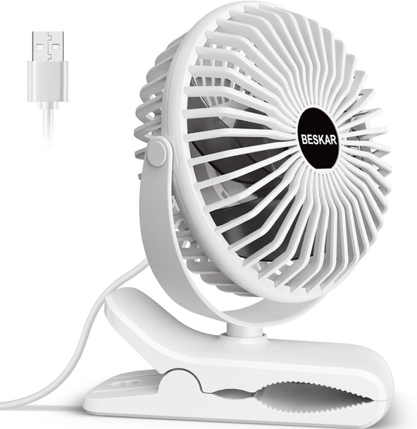 BESKAR Portable Small Clip on Fan with USB Cord Powered, No Battery - White