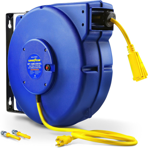 Goodyear Extension Cord Reel Retractable 12AWG x 65' Foot 3C/SJT - Blue