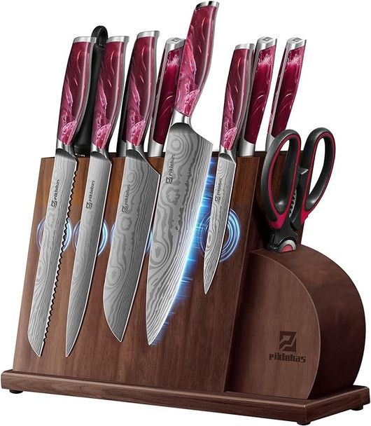 PIKLOHAS 14 Pieces Knife Set Magnetic Holder Ultra Sharp Stainless Steel - Red