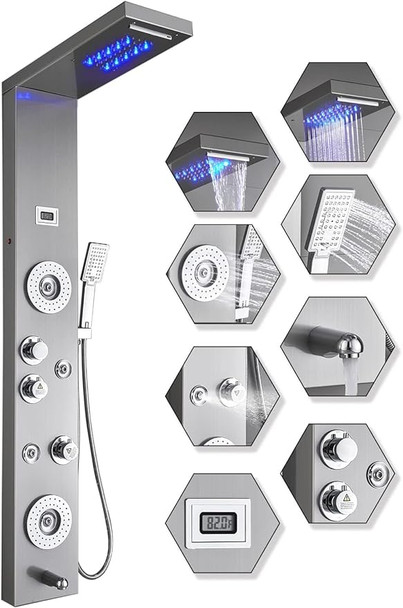 ELLO&ALLO Shower Panel Tower System LED Waterfall Massage - Brushed Nickel