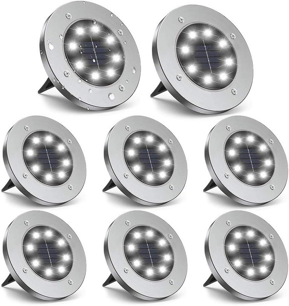 Solar Disk Lights 8 LED Outdoor Ground Landscape (8 Pack) Bright White - Silver