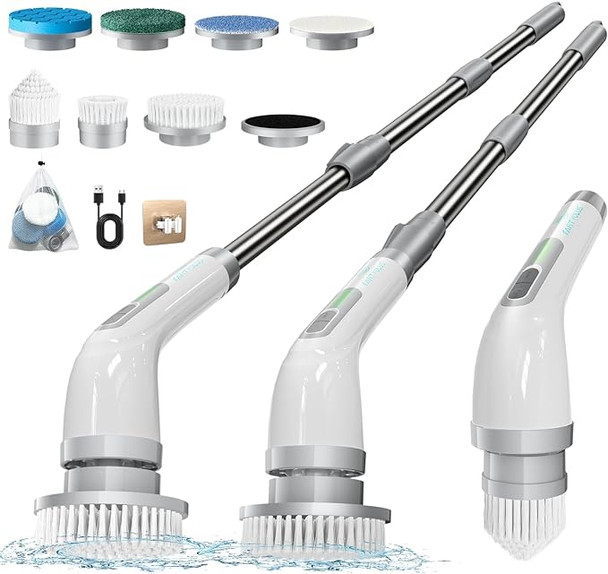 FARTVOLUS Electric Spin Scrubber Cordless Brush 8 Replaceable - Gray/White