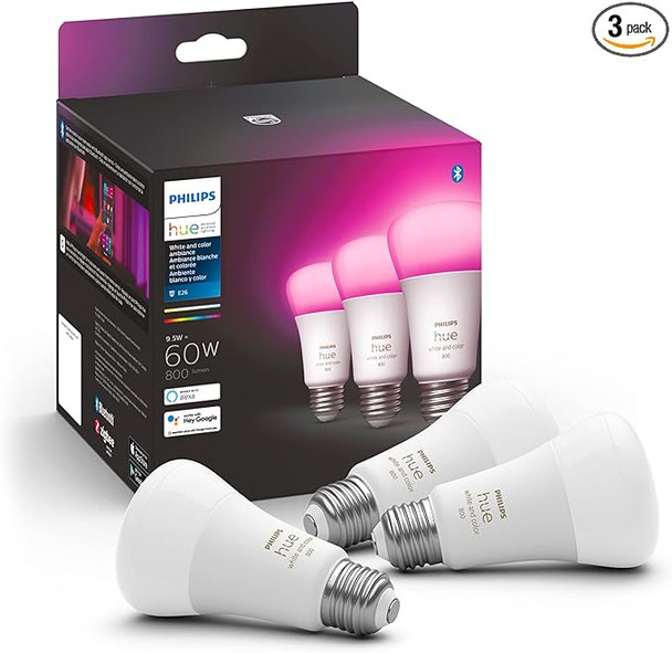 Philips Hue Smart 60W A19 LED Bulb Ambiance Color 3 Pack 800LM