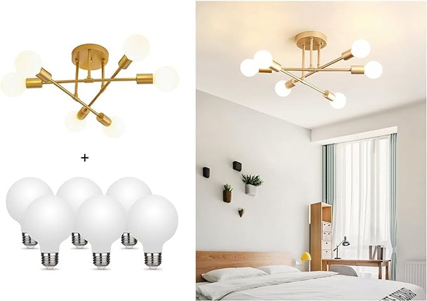 DELLEMADE Modern Sputnik Chandelier 6Light Ceiling Light 6LED Light Bulbs - Gold New