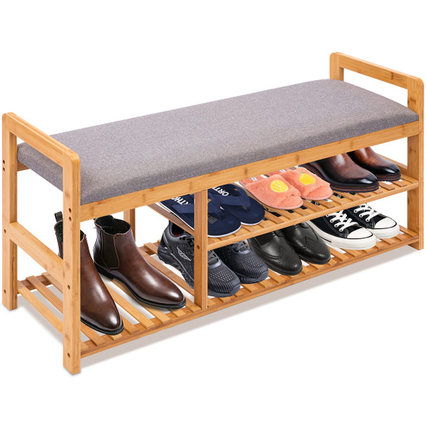SereneLife 2 in 1 Bamboo Shoe Rack Bench with Storage and Cushion Seat