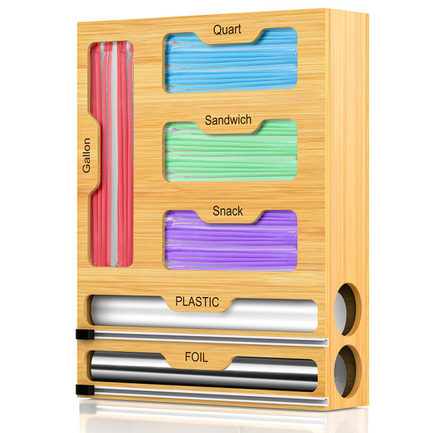 LAWMOLIW Bag Storage Organizer, 6 in 1 Foil and Plastic Wrap Dispenser - NATURAL