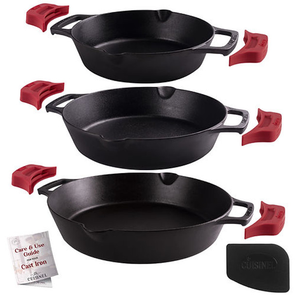 CUISINEL PRE-SEASONED CAST IRON DUAL HANDLE SKILLET 8/10/12 IN , BLACK/RED