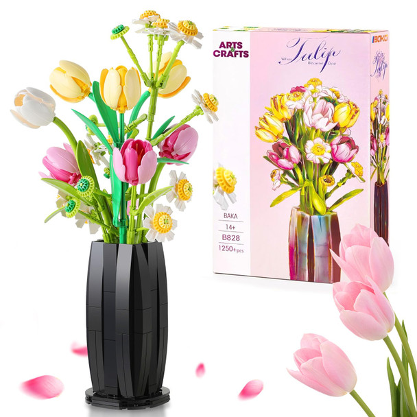 DADYMART FLOWER BOUQUET SET WITH TULIPS DAISIES ARTIFICIAL VASE, 1250 PCS