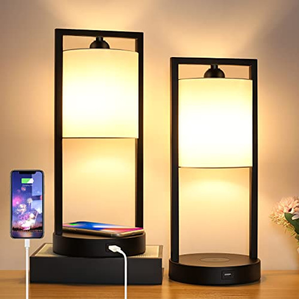 TOBUSA Wireless Touch Control Table Lamp Set Of 2 Fabrics Shade - 2 Pack, Black