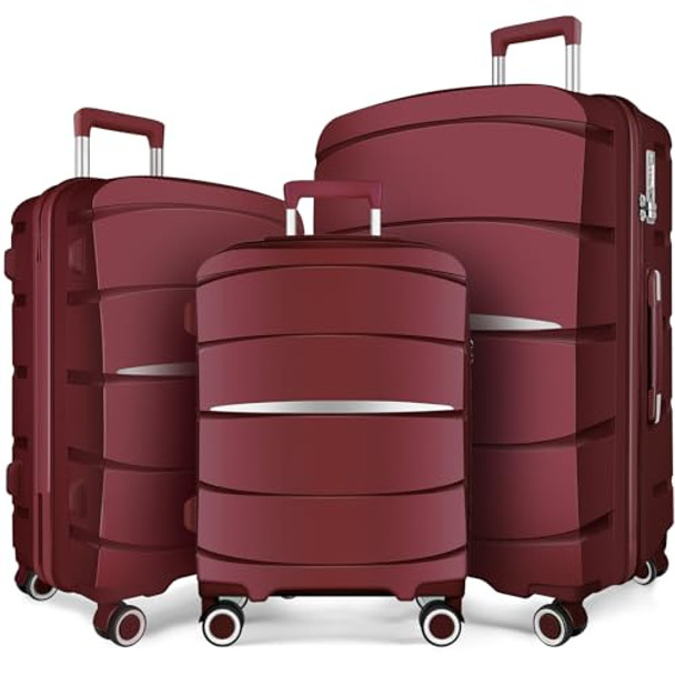 AXIDOU LUGGAGE SETS WITH SPINNER WHEELS, PP+ABS SUITCASE SETS, WINE RED