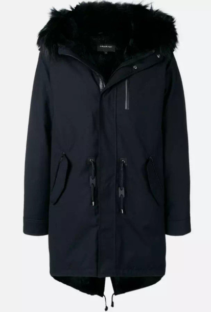 MACKAGE NAVY BLUE 'JUANA' DOWN PARKA WITH BLACK FUR HOOD DETAIL SIZE XS