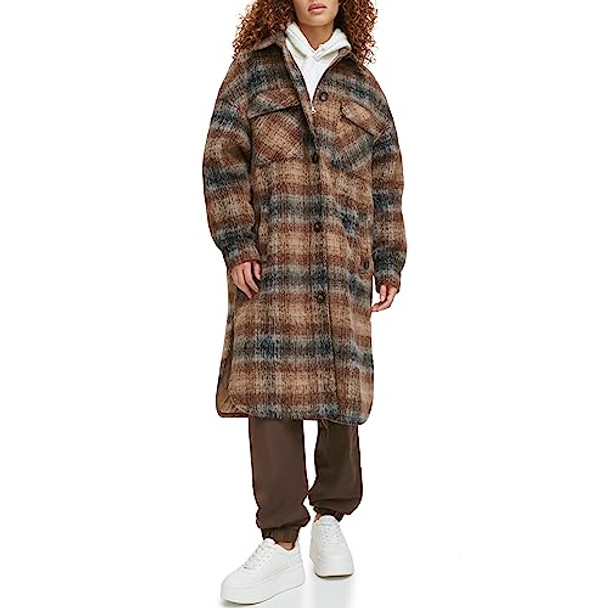 LEVI'S WOMEN LONG PLAID FLANNEL SHIRT JACKET BROWN PLAID SIZE S New