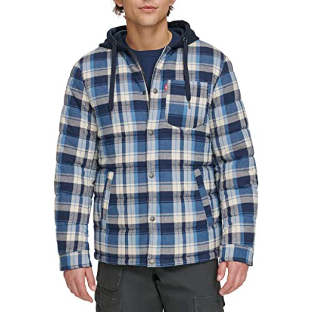 LEVI'S MEN'S PLAID SHERPA LINED HOODED SHIRT JACKET - SIZE: MEN XXL - NAVY/BLUE New