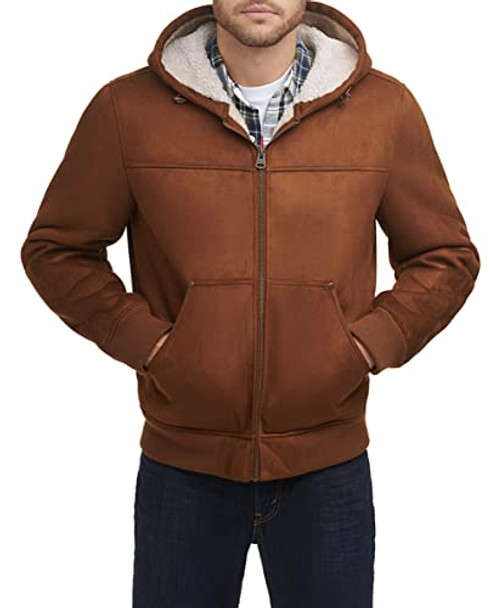 LEVI'S MEN'S BUFFED COW LEATHER HOODY BOMBER BROWN FAUX SHEARLING-BROWN-L New