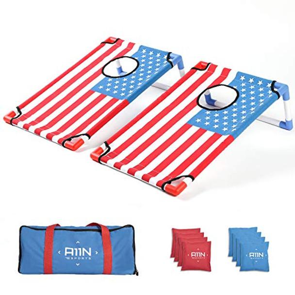 A11N SPORTS Portable PVC Framed Cornhole Game Set 8 Bean Bags Carrying Bag Flag