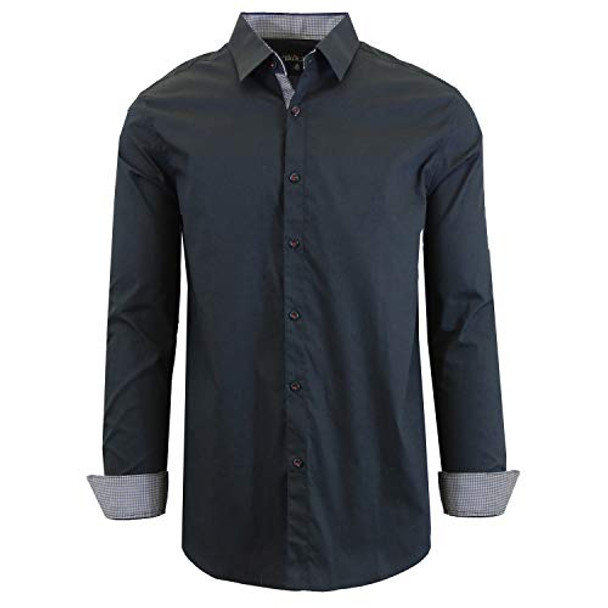 HQ Galaxy By Harvic Mens Long Sleeve Solid Slim Fit Dress Black L New