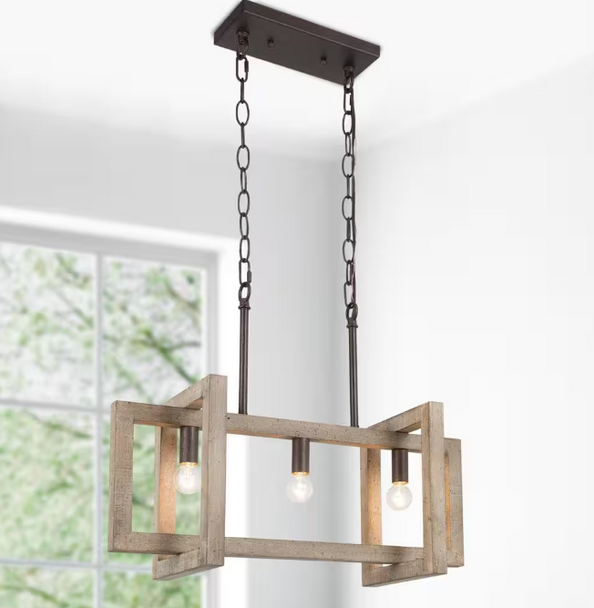 LNC MODERN FARMHOUSE BROWN WOOD ISLAND CHANDELIER 3-LIGHT - RUST BRONZE