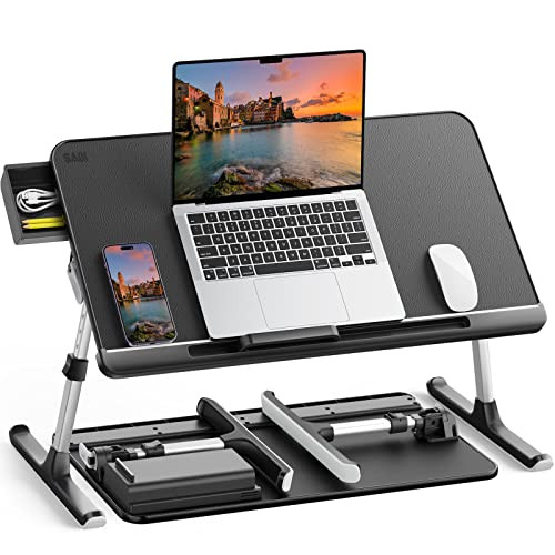 SAIJI LAPTOP BED TRAY TABLE Adjust PVC Leather Table Storage Drawer - BLACK