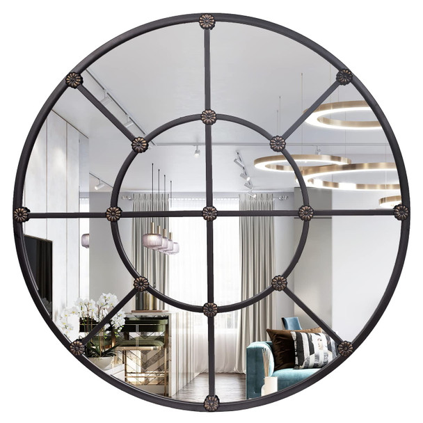 GIFTTROVE LARGE DECORATIVE BLACK GRID ROUND METAL FRAMED MIRROR 35" - BLACK