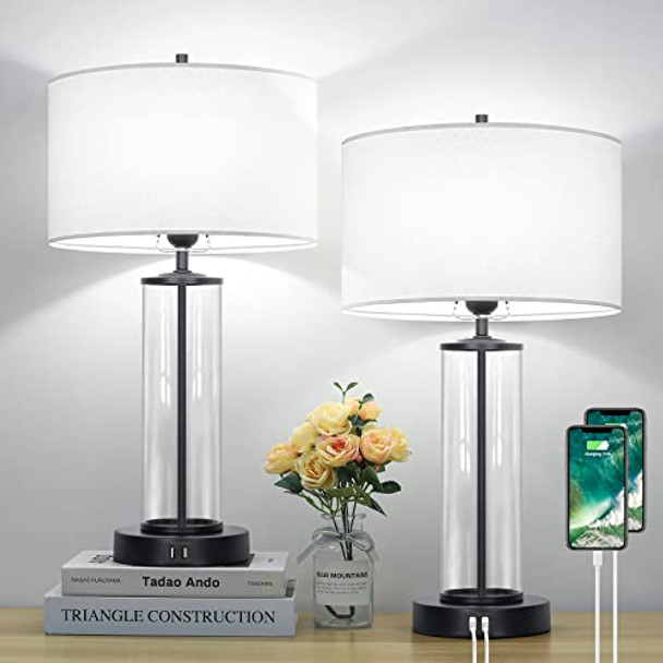 BESLOWE MODERN TOUCH CONTROL TABLE LAMPS 2 USB 3-Way Dimmable Set of 2 - Black