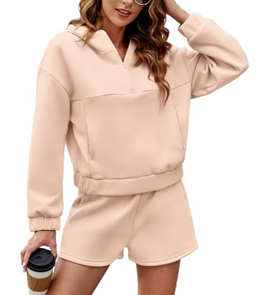 FKEEP WOMENS 2 PIECE SWEATSUIT OUTFITS HALF ZIP HOODIE SWEAT SHORTS PINK M New